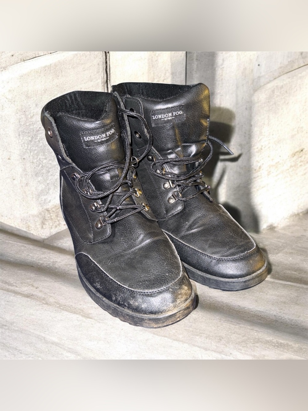 London Fog Men's Black Lace-Up Leather Work Boots
